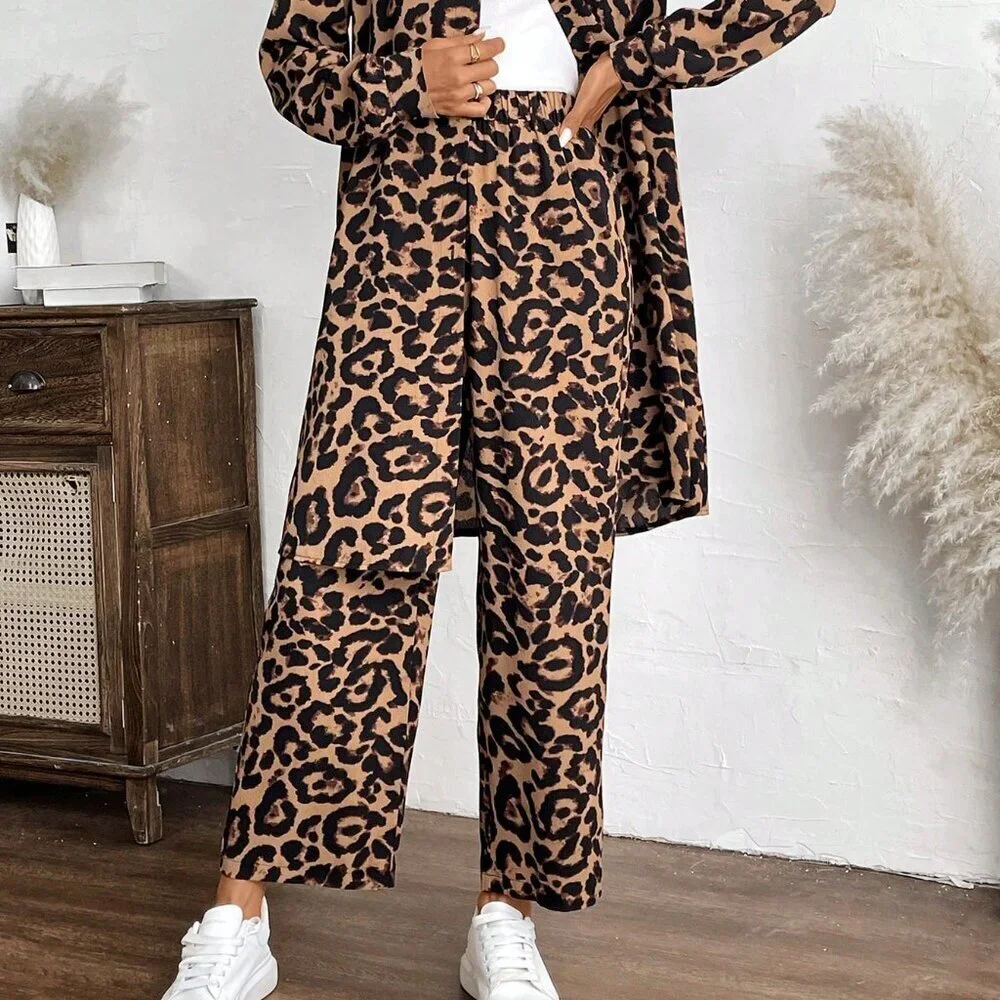 Multicolor Casual Women's Loose Fit Leopard Print Blouse & Pants Set - Picture 3 of 6